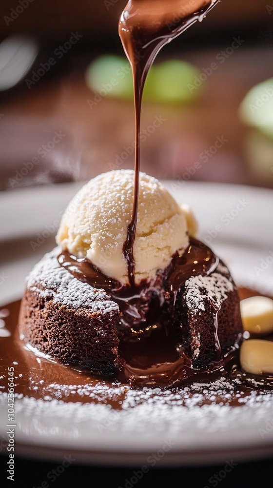 petit gateau, Fondant au chocolat, Indulgent chocolate lava cake with molten center and vanilla ice cream served on a dark plate petit gateau, Fondant au chocolat, Indulgent chocolate lava cake with molten center and vanilla ice cream served on a dark plate