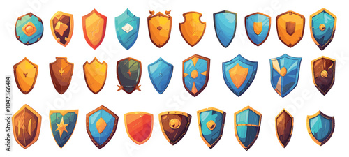 Cartoon medieval shields set. Fantasy game metal wooden knight shield viking warrior armor vector illustration