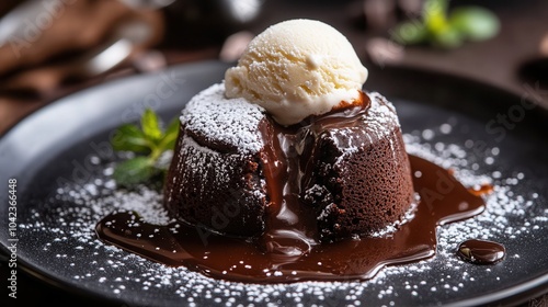 petit gateau, Fondant au chocolat, Indulgent chocolate lava cake with molten center and vanilla ice cream served on a dark plate photo