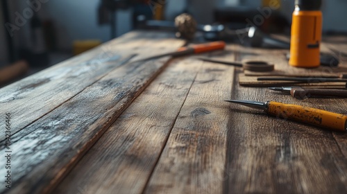 A close-up of a rustic wooden table with various tools, capturing the essence of craftsmanship and love for DIY projects