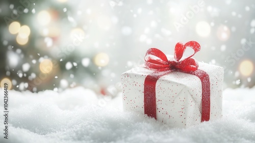 christmas background, white gift with red bow in snow, bokeh, banner mockup, mock up, template, empty, for text, place, copyspace, copy space