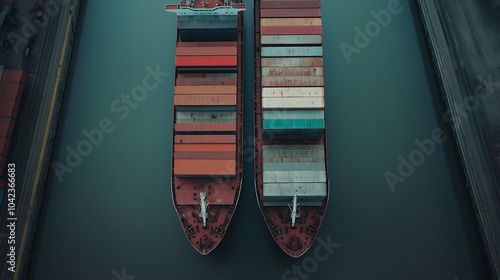 Aerial View of Commerce: Two Cargo Ships Docked at Port photo