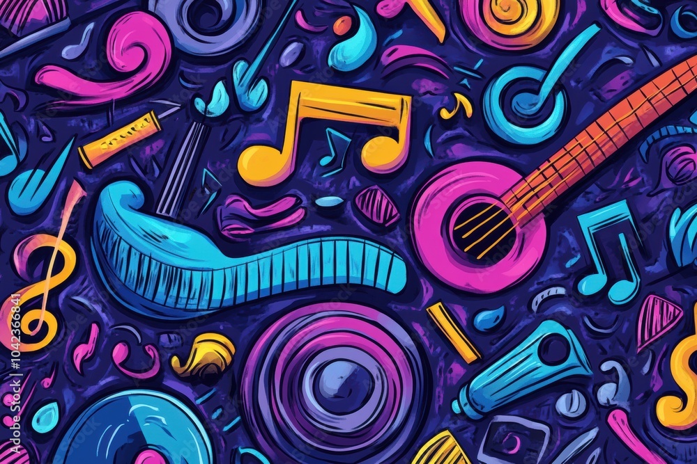 Fototapeta premium Colorful doodles of musical instruments, notes, and sound waves create an engaging and lively atmosphere full of creativity. Generative AI