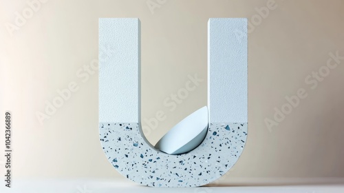 Abstract sculpture of a U shape made of textured light blue material with a smaller round shape inside.