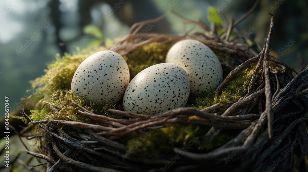 A close-up of speckled Easter eggs resting in a nest made of twigs and soft moss A close-up of speckled Easter eggs resting in a nest made of twigs and soft moss