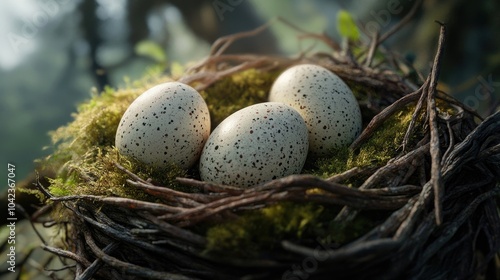 A close-up of speckled Easter eggs resting in a nest made of twigs and soft moss