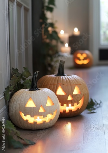 Halloween pumpkins with candles on porch, for trick or treaters