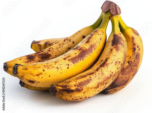 A bunch of five ripe bananas with brown spots on a white background. photo