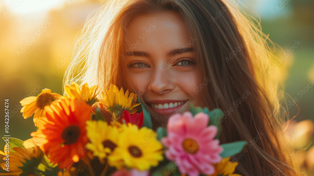 Girl with Long Hair Holding a Vibrant Bouquet of Flowers Girl with Long Hair Holding a Vibrant Bouquet of Flowers