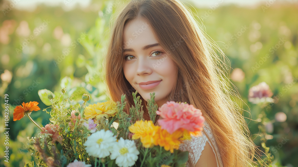 Girl with Long Hair Holding a Vibrant Bouquet of Flowers Girl with Long Hair Holding a Vibrant Bouquet of Flowers