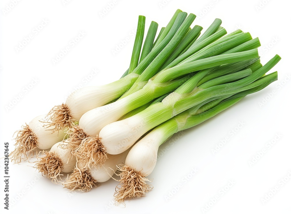 A bunch of fresh green onions with roots, isolated on a white background. A bunch of fresh green onions with roots, isolated on a white background.