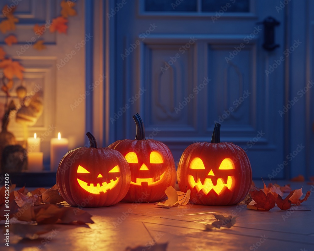 Obraz premium Halloween carved pumpkins with candles in spooky abandoned house