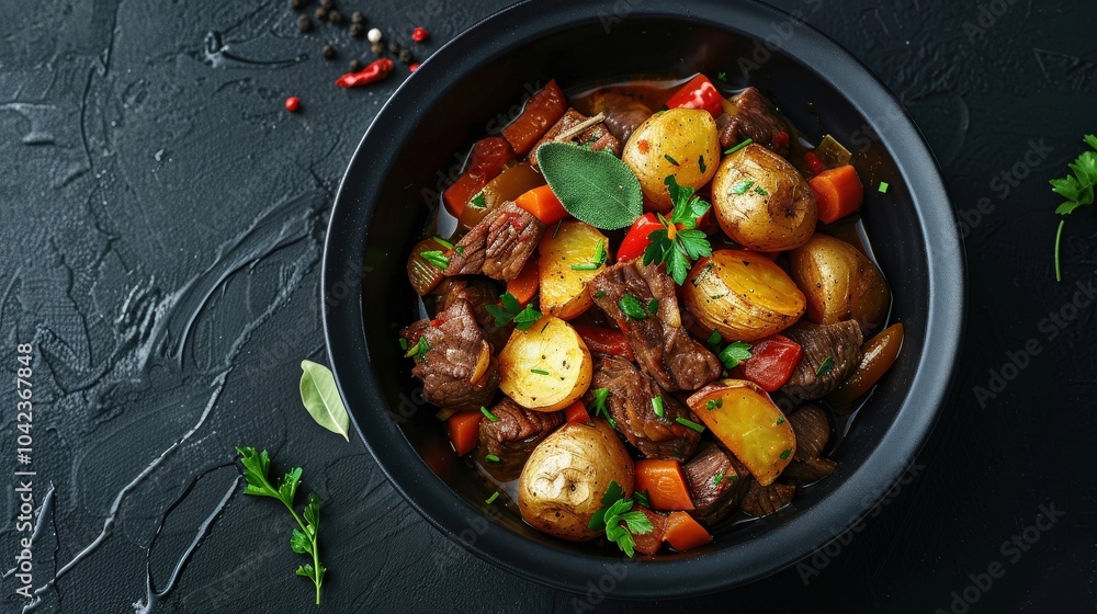 Gourmet Beef Stew with Roasted Potatoes on Dark Background Gourmet Beef Stew with Roasted Potatoes on Dark Background