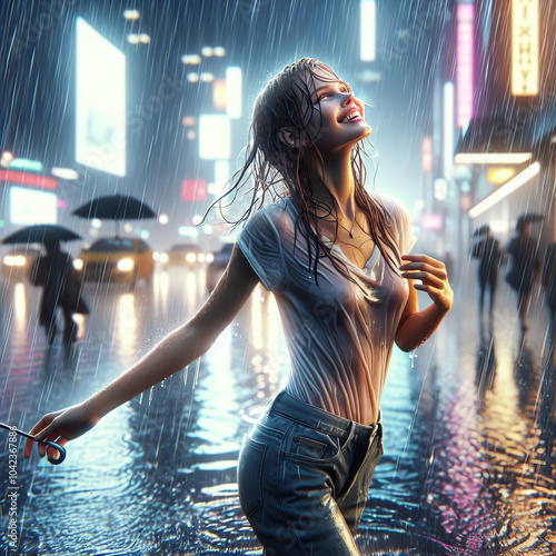 Joyful woman dancing in the rain on a lively city street at night. Generated AI.