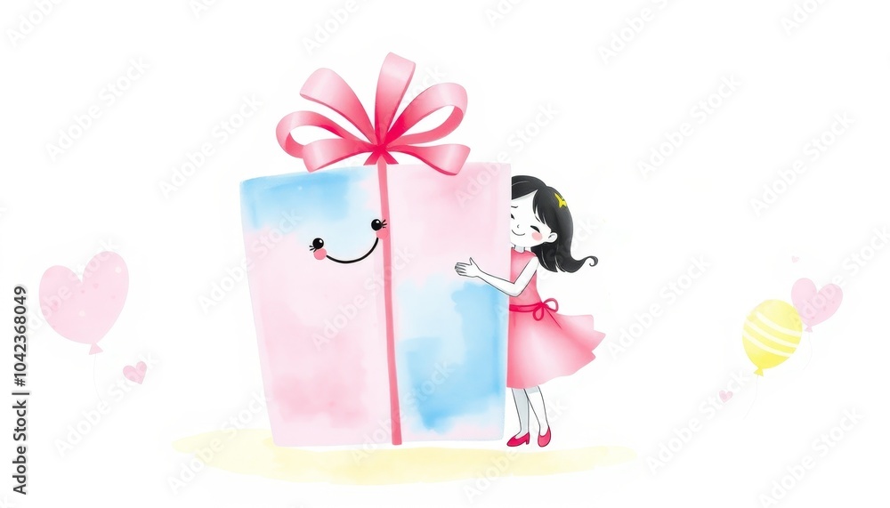 A delighted young girl wearing a pink dress embraces a beautifully wrapped gift box, radiating joy and excitement on her birthday. Heart-shaped and colorful balloons float nearby A delighted young girl wearing a pink dress embraces a beautifully wrapped gift box, radiating joy and excitement on her birthday. Heart-shaped and colorful balloons float nearby