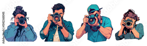 Cartoon photographer portrait set. Professional male and female photography artist holding camera taking photos vector illustration