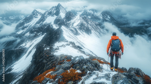 A lone hiker stands atop a rugged peak, marveling at the towering snow-capped mountains shrouded in clouds during an adventurous journey