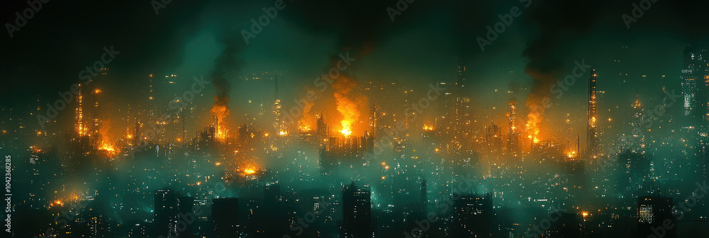Flames leaping from tall buildings illuminate the night, creating a dramatic contrast against the smoke-filled skyline of a burning city Flames leaping from tall buildings illuminate the night, creating a dramatic contrast against the smoke-filled skyline of a burning city