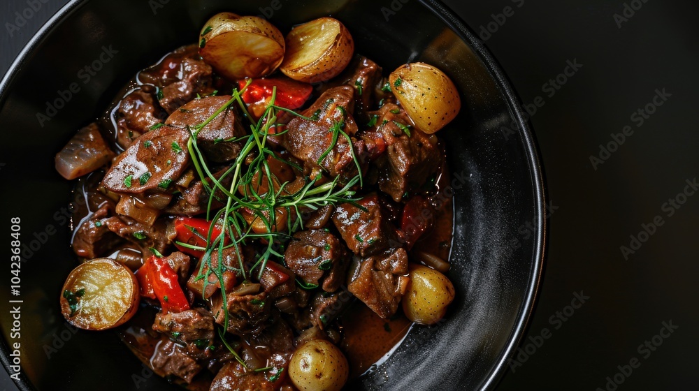 Gourmet Beef Stew with Roasted Potatoes on Dark Background Gourmet Beef Stew with Roasted Potatoes on Dark Background