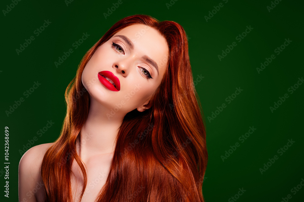 Fototapeta premium Photo of pretty lady look feel tempting having long shiny healthy red ginger hair isolated green color background