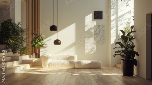 Minimalist Nordic living area, winter light through clerestory windows, light oak parquet, cream boucle loveseat photo