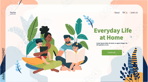 Family reading together at home scene with parents and children surrounded by plants colorful background landing page design template