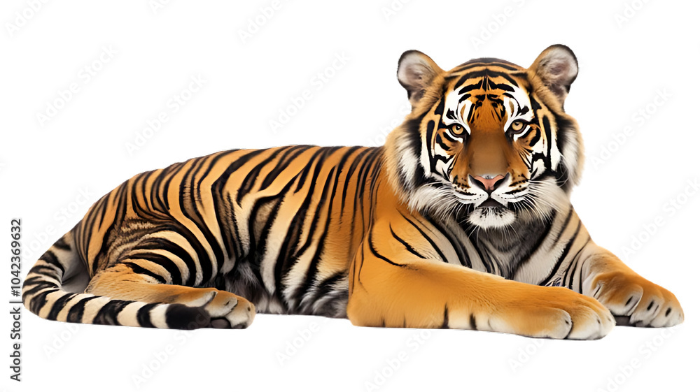 Obraz premium Majestic Tiger: A powerful and imposing tiger, lying in wait, with a gaze that commands attention, showcasing the raw beauty and strength of this magnificent creature.