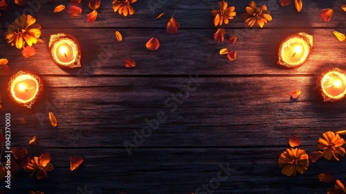 A Diwali invitation card mockup placed on a wooden surface with glowing diyas and marigold petals around