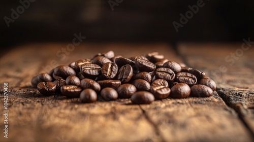 Coffee beans pile on rustic wooden surface