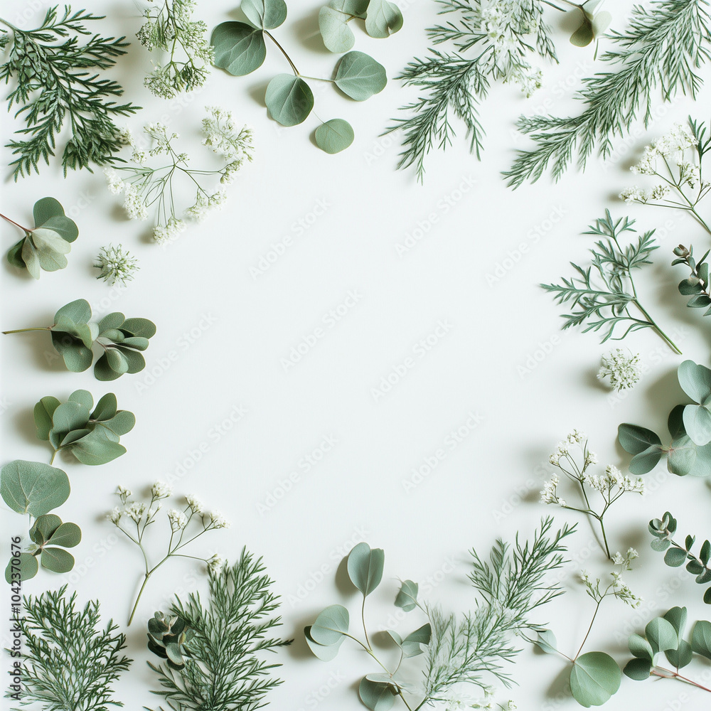 Winter-themed floral and evergreen borders on a white background.Copy space,flat lay and a green color palette in a minimal design. Winter-themed floral and evergreen borders on a white background.Copy space,flat lay and a green color palette in a minimal design.