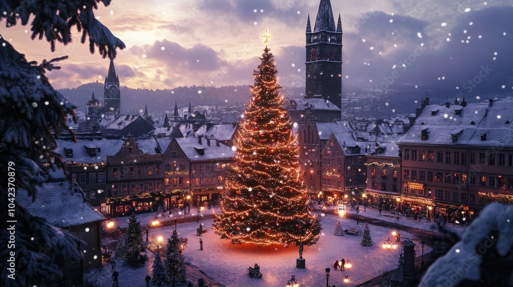 A grand Christmas tree glowing in a town square at dusk, surrounded by snowy rooftops and streetlights A grand Christmas tree glowing in a town square at dusk, surrounded by snowy rooftops and streetlights