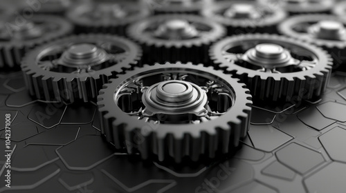 A close-up view features a collection of metallic gears resting on a textured black surface. The intricate design highlights the mechanics and precision of each gears structure.