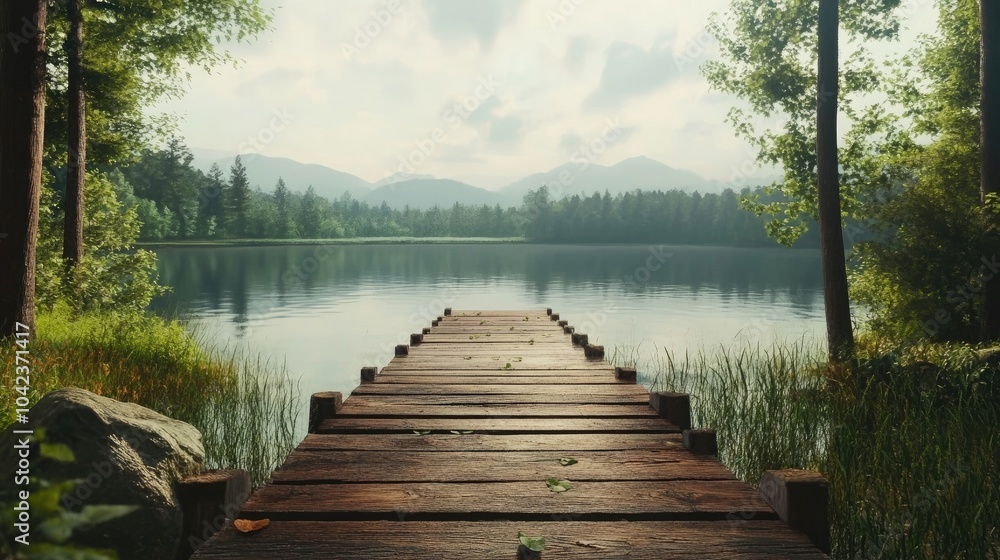 A peaceful lakeside view with a rustic wooden dock, perfect for a Father's Day getaway A peaceful lakeside view with a rustic wooden dock, perfect for a Father's Day getaway