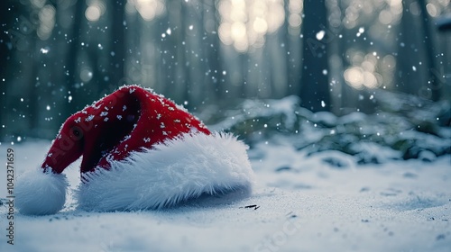 A red Santa hat with delicate snowflakes on its brim, set against a snowy winter forest