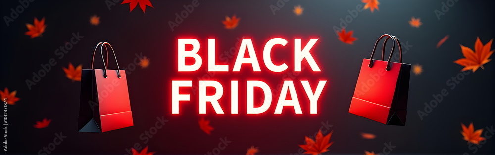 Glowing Red neon Black Friday sign on the dark background with red paper bags near it Glowing Red neon Black Friday sign on the dark background with red paper bags near it