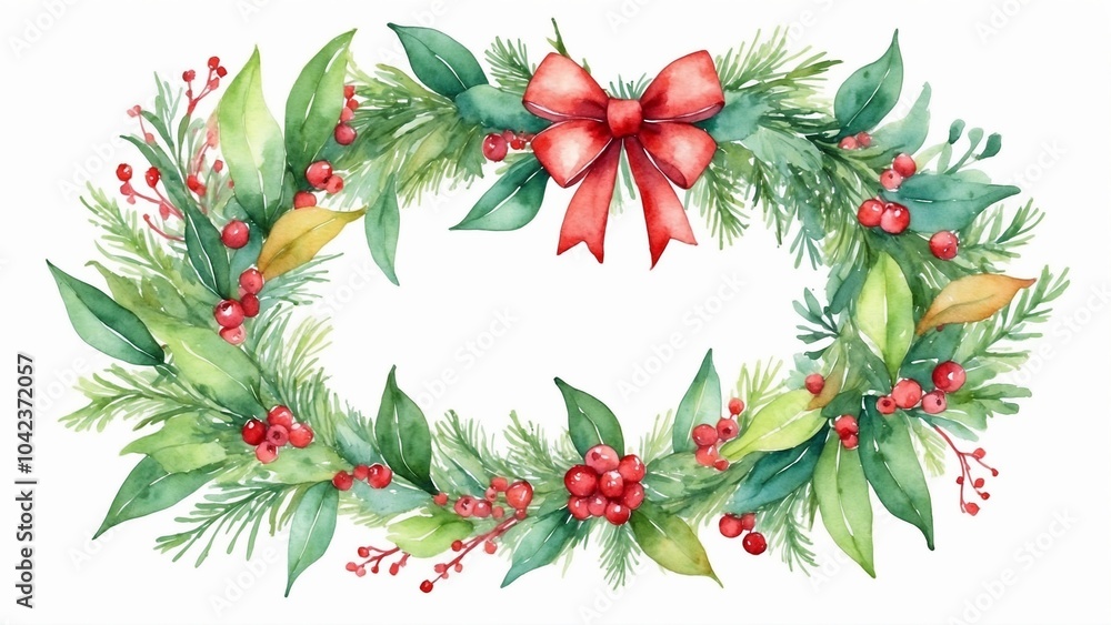Festive Watercolor Holiday Wreath with Red Bow Festive Watercolor Holiday Wreath with Red Bow