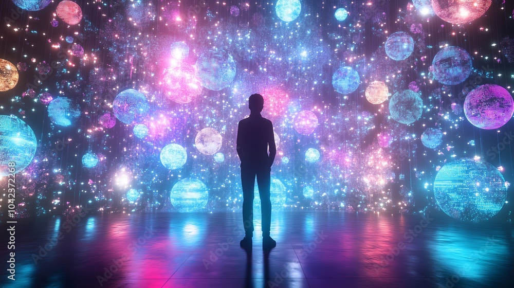 Businessman stands in a modern abstract office, observing illuminated cubes and spheres Businessman stands in a modern abstract office, observing illuminated cubes and spheres