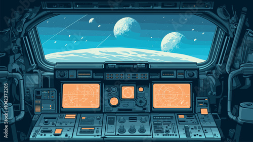 Cartoon spaceship panel. Futuristic cosmic ship cockpit with window and control dashboard radar screen, spacecraft vector illustration