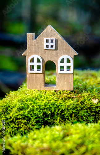 the symbol of the house stands on green moss
