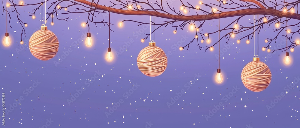 Fototapeta premium A serene winter scene featuring glowing ornaments hanging from a branch, surrounded by soft snowfall against a twilight background.