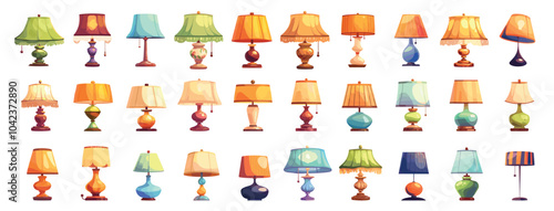 Cartoon table lamps set. Vintage and modern home interior electric light furniture, room indoor decor with lamp shade vector illustration