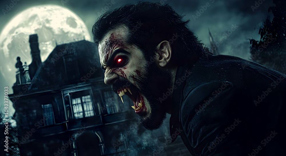 A male vampire with grinning fangs, screaming, red eyes and sharp teeth, standing outside his mansion, against the backdrop of the moon. Halloween concept, Vampire. A male vampire with grinning fangs, screaming, red eyes and sharp teeth, standing outside his mansion, against the backdrop of the moon. Halloween concept, Vampire.
