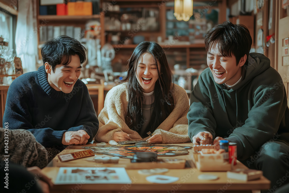 Fototapeta premium Three friends are sitting around a table laughing and having fun playing a board game during lunar new year celebrations