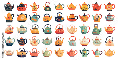 Cartoon teapots set. Crockery kettles ceramic kitchenware for hot drinks, decorative coffee tea pots vector illustration