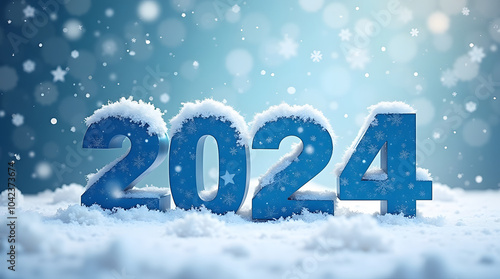 Snowy numbers 2024 on blue background with falling snowflakes. Snow covered numbers.