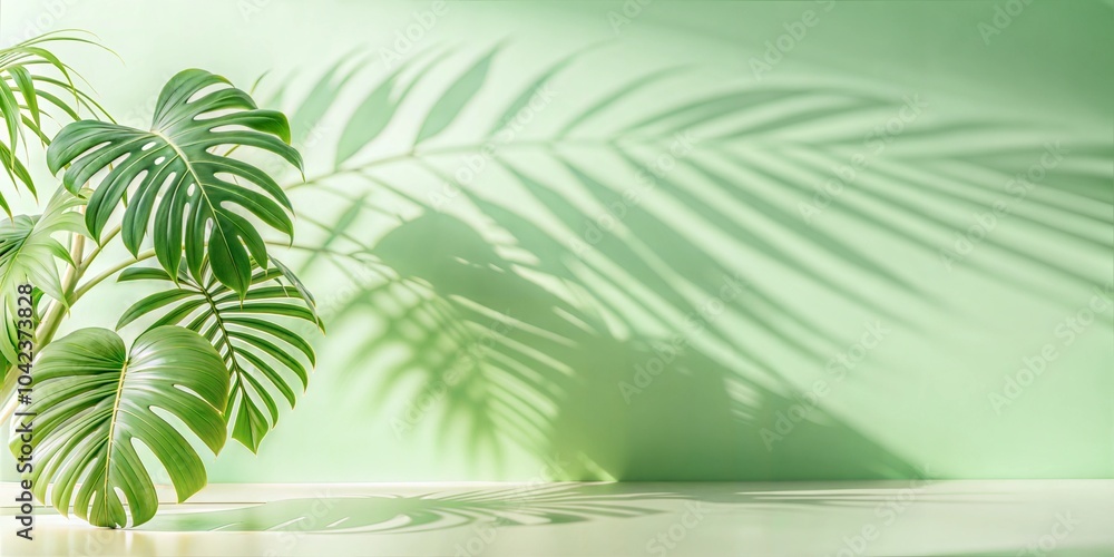 Green monstera plant casting shadows on a light green wall Green monstera plant casting shadows on a light green wall