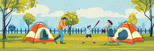 Family camping baseball game outdoors tents trees playful scene colorful park background