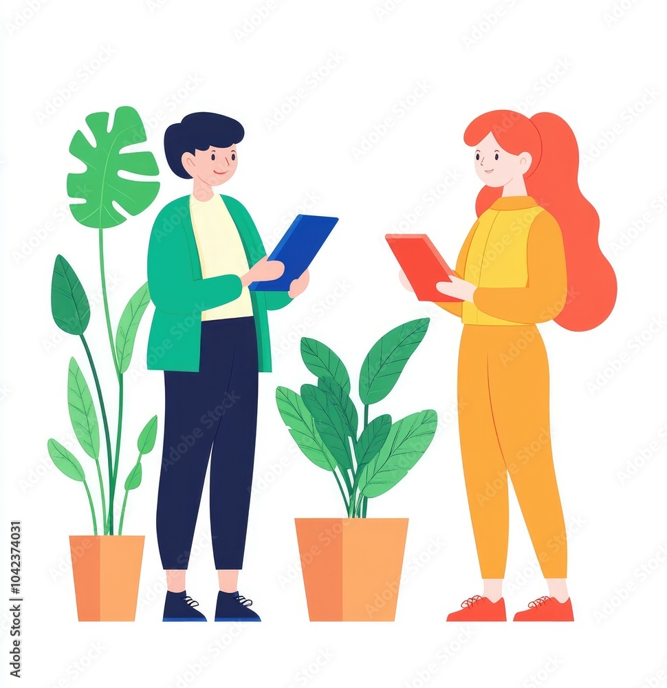Two individuals engaged in conversation, surrounded by green plants, each holding a tablet in a vibrant, modern setting. Two individuals engaged in conversation, surrounded by green plants, each holding a tablet in a vibrant, modern setting.