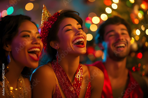 Three friends are laughing while having fun at a house party with festive decorations and warm lights