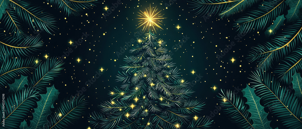 Fototapeta premium A beautifully decorated Christmas tree shines bright under a starry night sky, surrounded by lush green branches and sparkling lights.